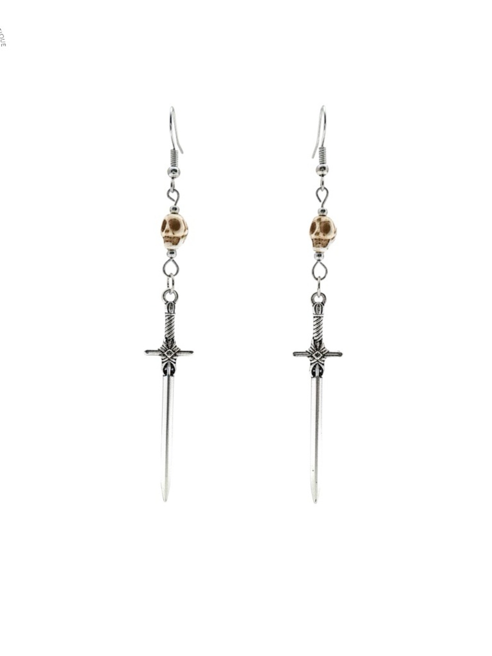 Silver Sword Drop Earrings with Mini Skull Accent